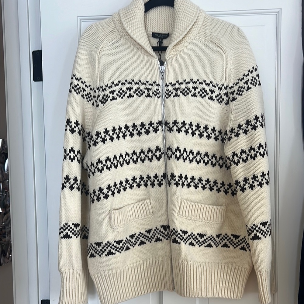 rag & bone Cream and Black/Brown Cardigan with Shawl Collar and Zipper Closure